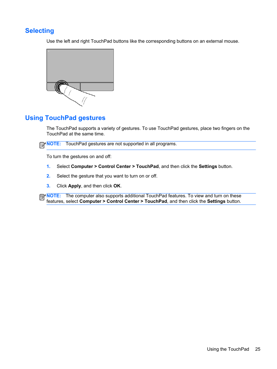 Selecting, Using touchpad gestures, Selecting using touchpad gestures | HP ProBook 4230s Notebook PC User Manual | Page 35 / 91