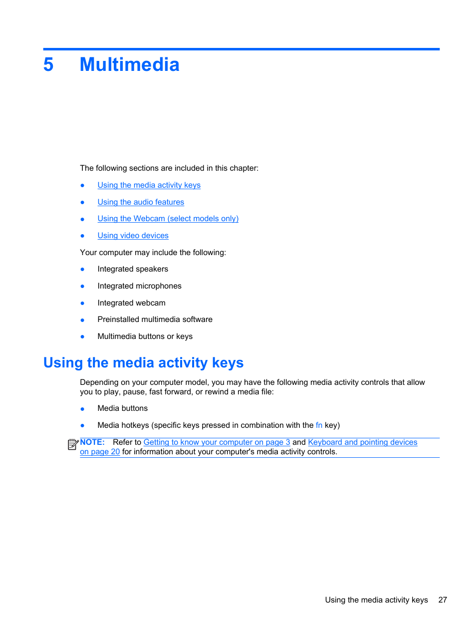 Multimedia, Using the media activity keys, 5 multimedia | 5multimedia | HP ProBook 4230s Notebook PC User Manual | Page 37 / 91