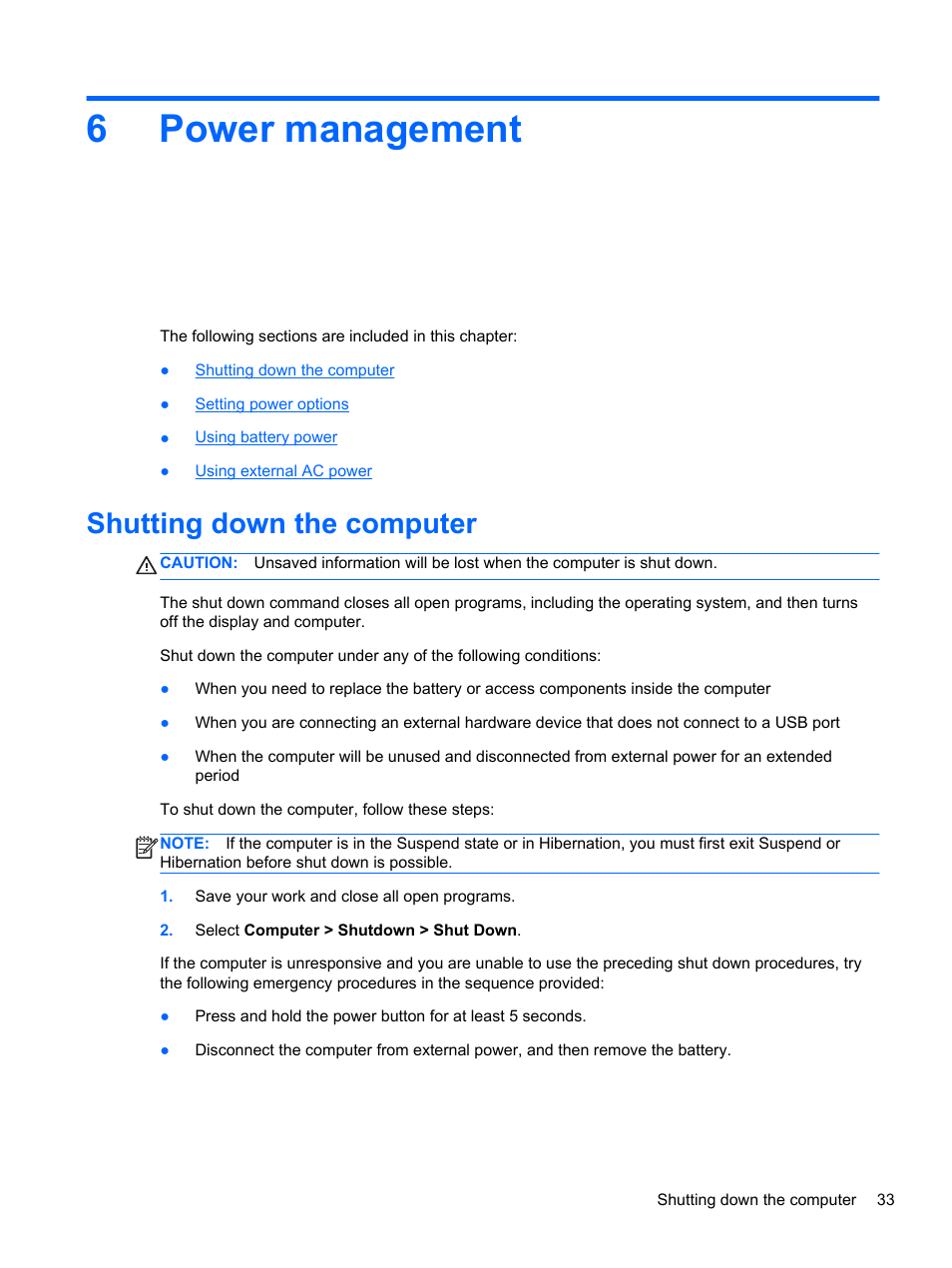 Power management, Shutting down the computer, 6 power management | 6power management | HP ProBook 4230s Notebook PC User Manual | Page 43 / 91