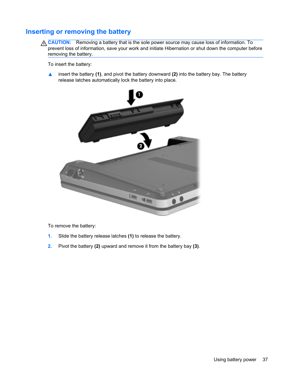 Inserting or removing the battery | HP ProBook 4230s Notebook PC User Manual | Page 47 / 91