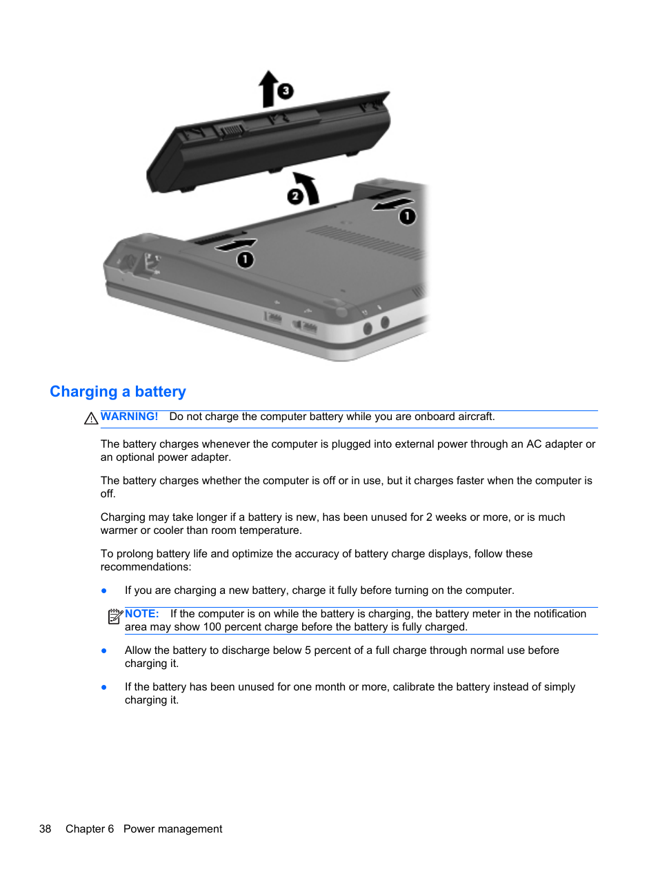 Charging a battery | HP ProBook 4230s Notebook PC User Manual | Page 48 / 91