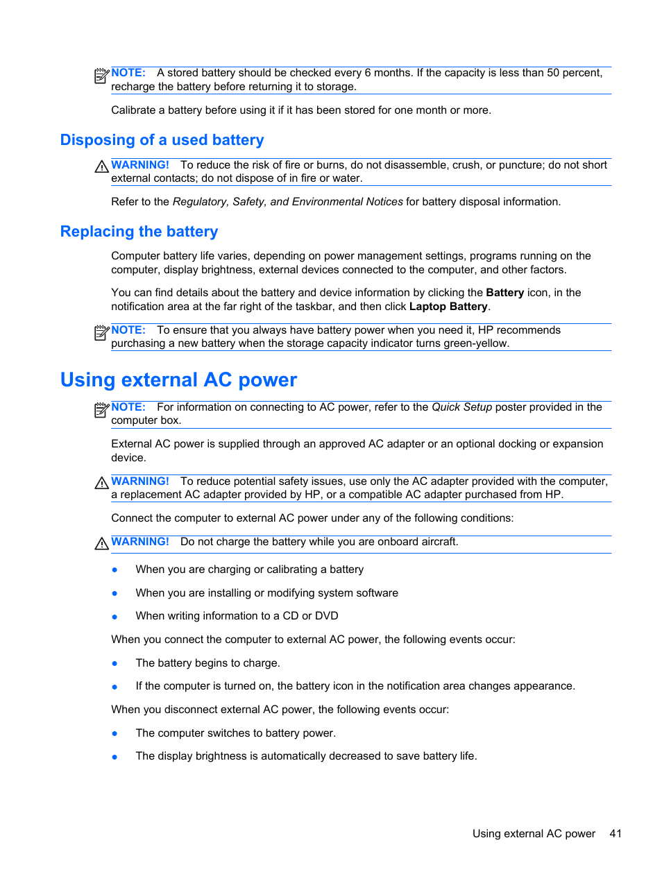 Disposing of a used battery, Replacing the battery, Using external ac power | Disposing of a used battery replacing the battery | HP ProBook 4230s Notebook PC User Manual | Page 51 / 91
