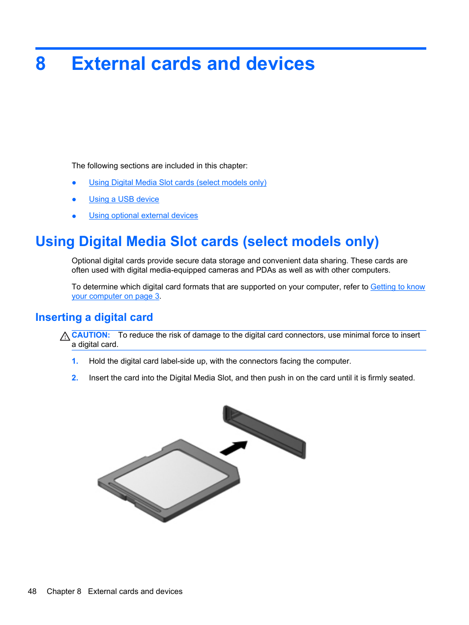 External cards and devices, Inserting a digital card, 8 external cards and devices | 8external cards and devices | HP ProBook 4230s Notebook PC User Manual | Page 58 / 91