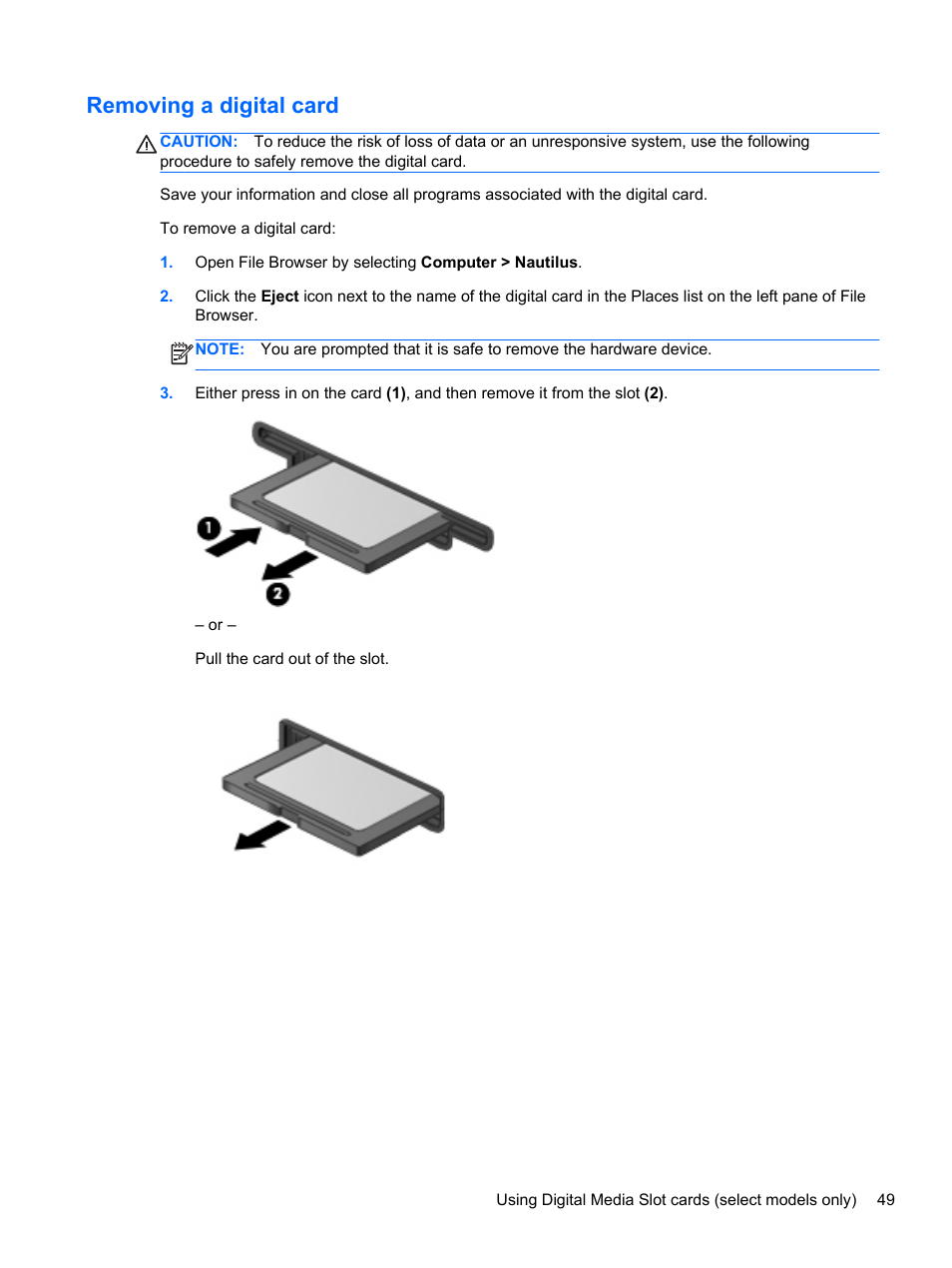 Removing a digital card | HP ProBook 4230s Notebook PC User Manual | Page 59 / 91