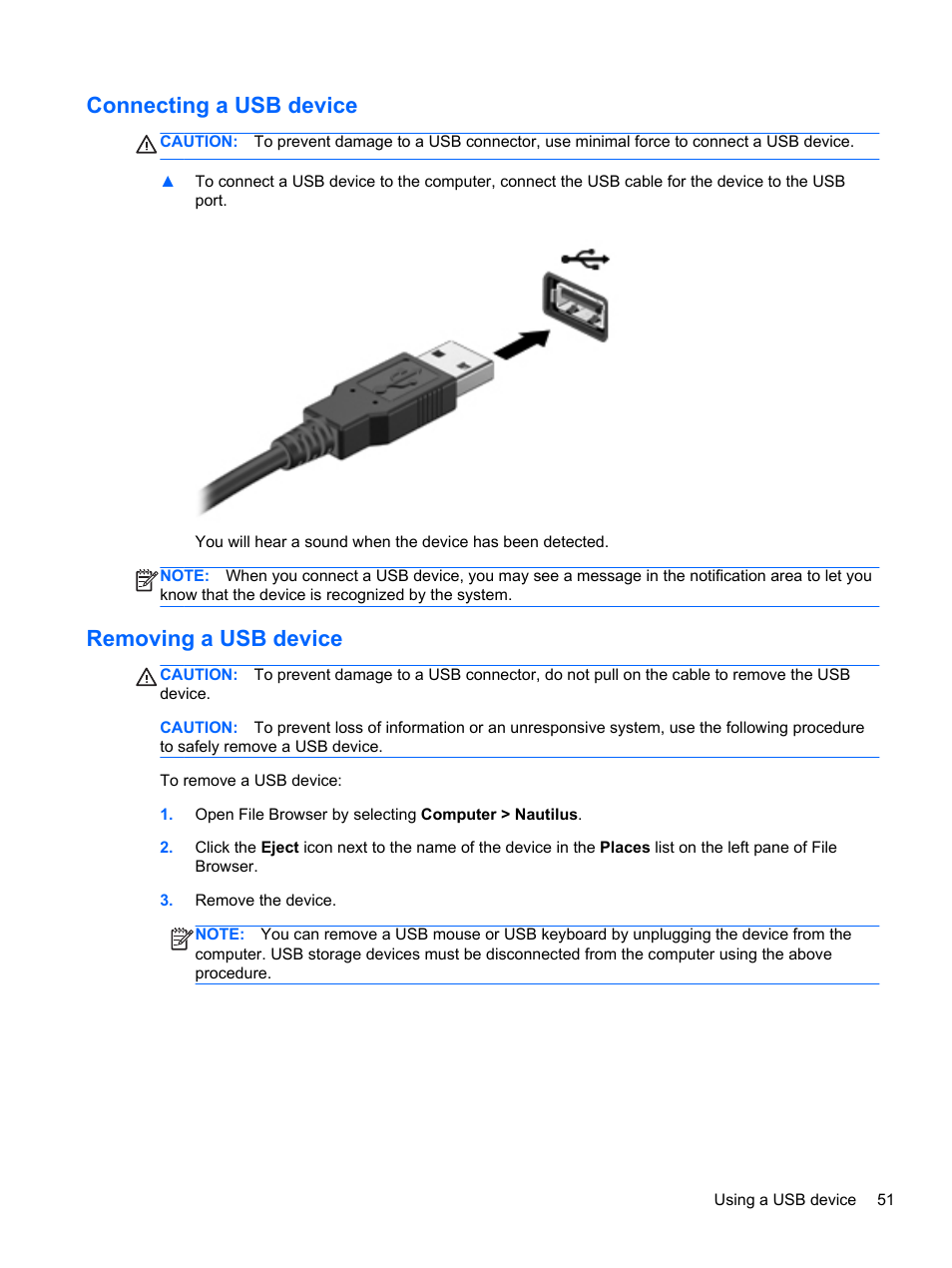 Connecting a usb device, Removing a usb device, Connecting a usb device removing a usb device | HP ProBook 4230s Notebook PC User Manual | Page 61 / 91