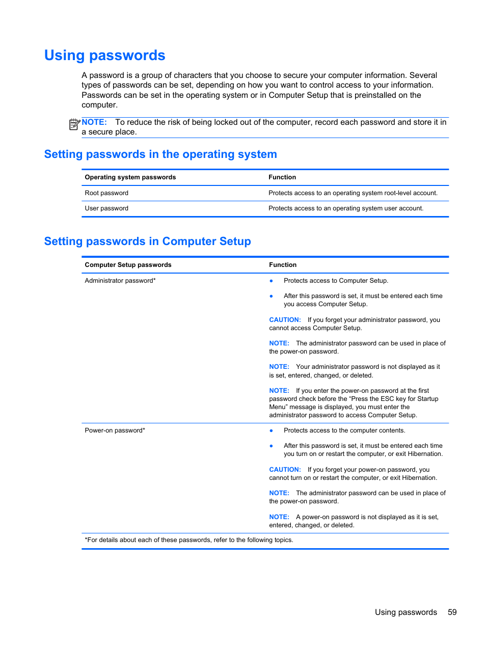 Using passwords, Setting passwords in the operating system, Setting passwords in computer setup | HP ProBook 4230s Notebook PC User Manual | Page 69 / 91