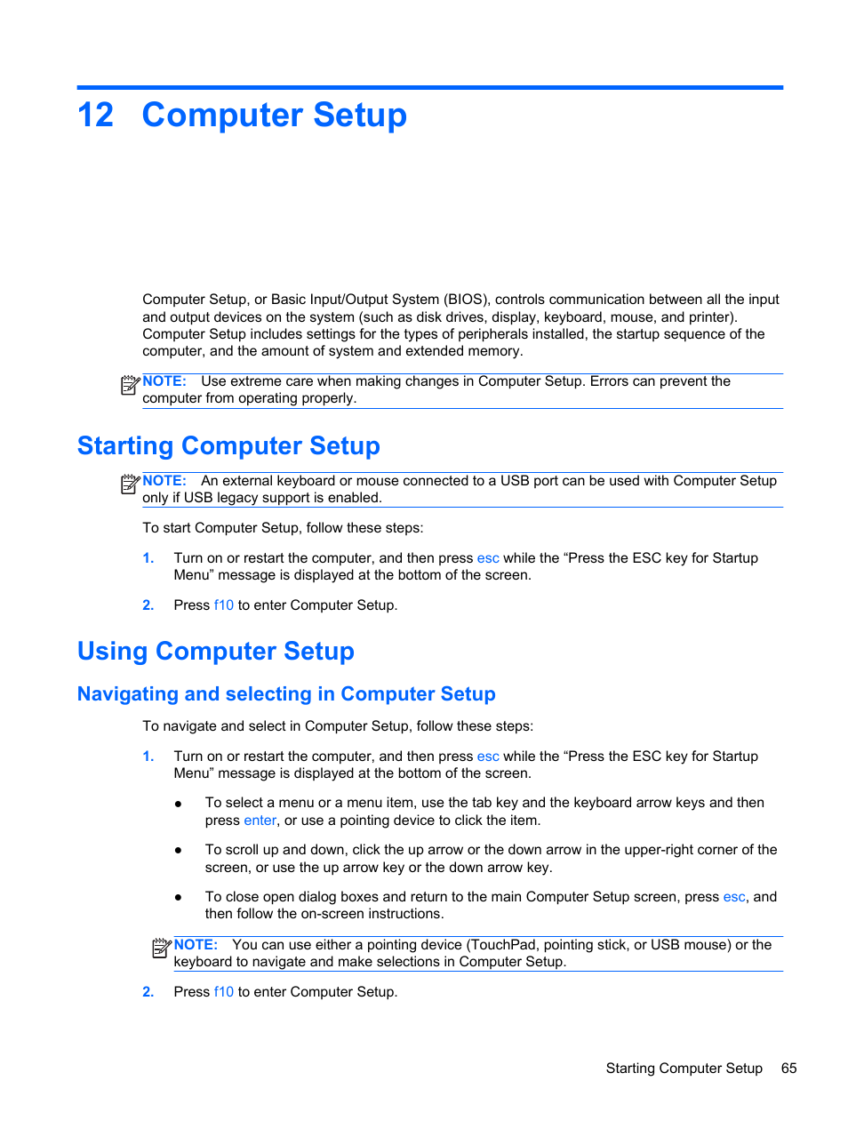 Computer setup, Starting computer setup, Using computer setup | Navigating and selecting in computer setup, 12 computer setup, Starting computer setup using computer setup | HP ProBook 4230s Notebook PC User Manual | Page 75 / 91