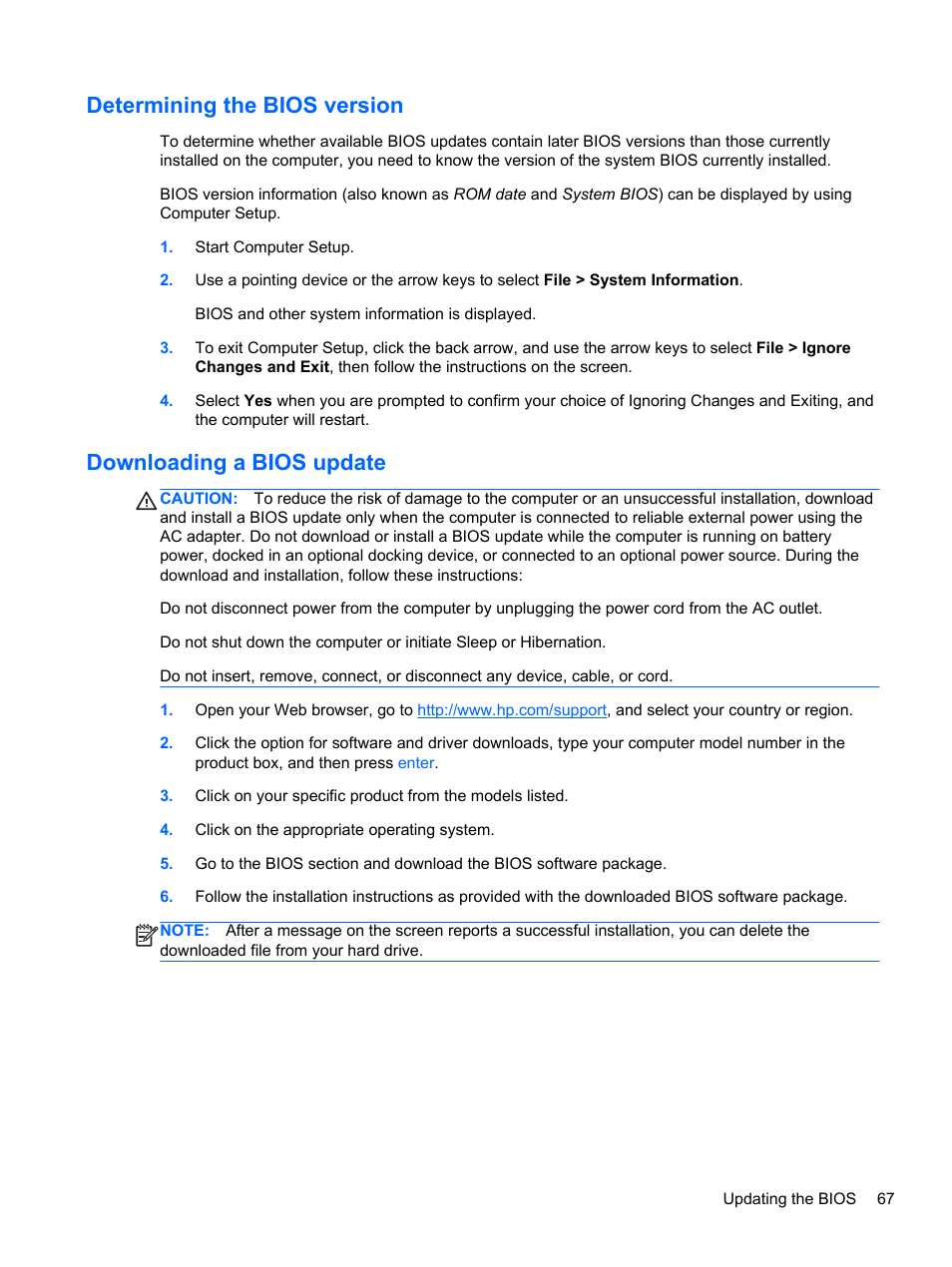 Determining the bios version, Downloading a bios update | HP ProBook 4230s Notebook PC User Manual | Page 77 / 91