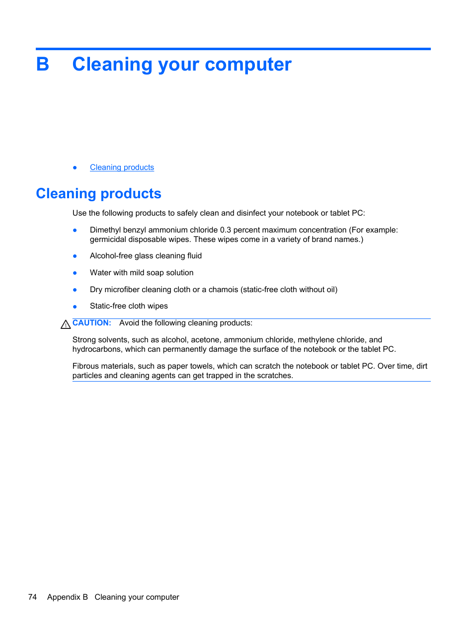 Cleaning your computer, Cleaning products, Appendix b cleaning your computer | Bcleaning your computer | HP ProBook 4230s Notebook PC User Manual | Page 84 / 91