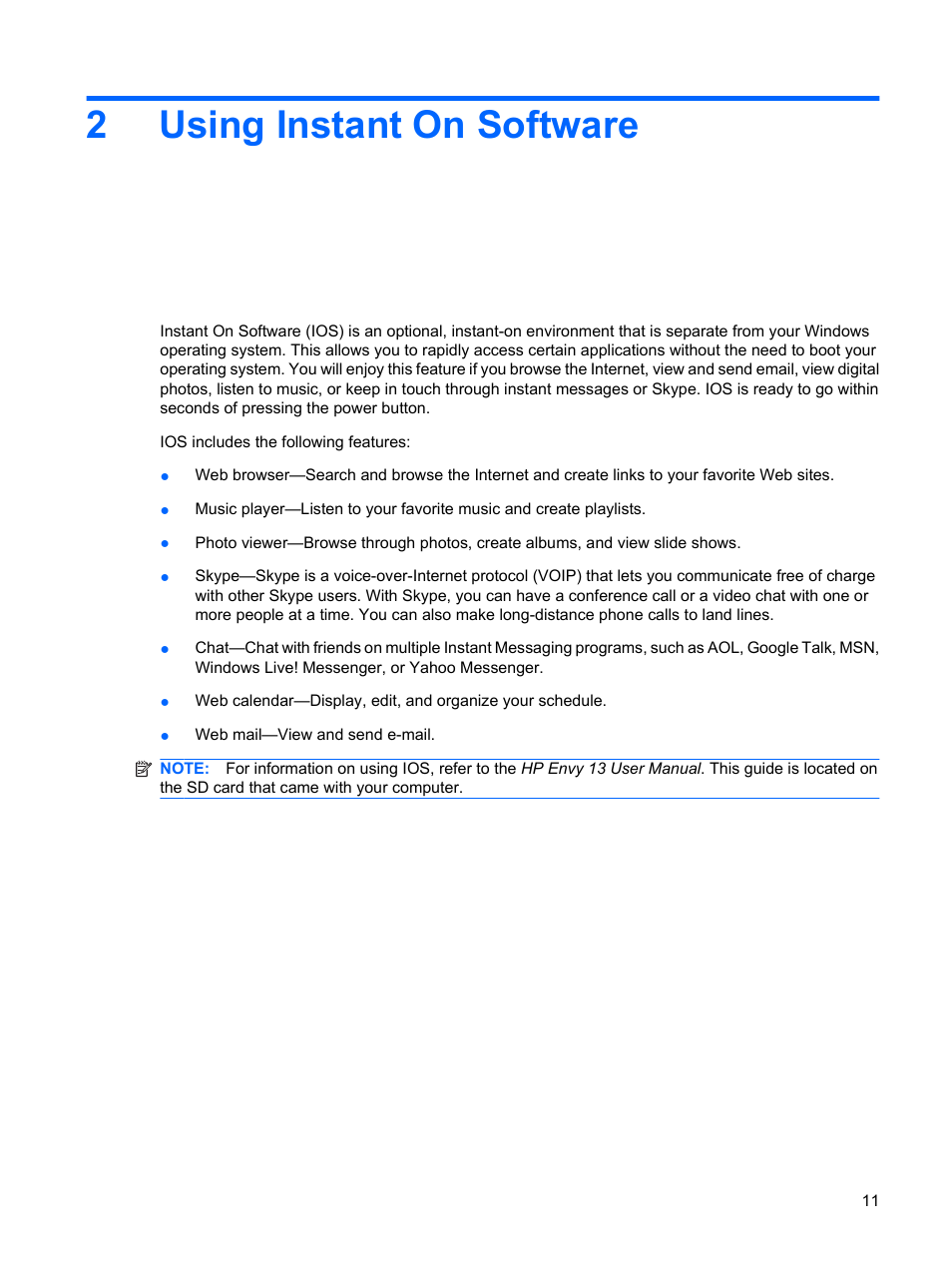 Using instant on software, 2 using instant on software, 2using instant on software | HP Envy 13-1003xx Notebook PC User Manual | Page 21 / 94