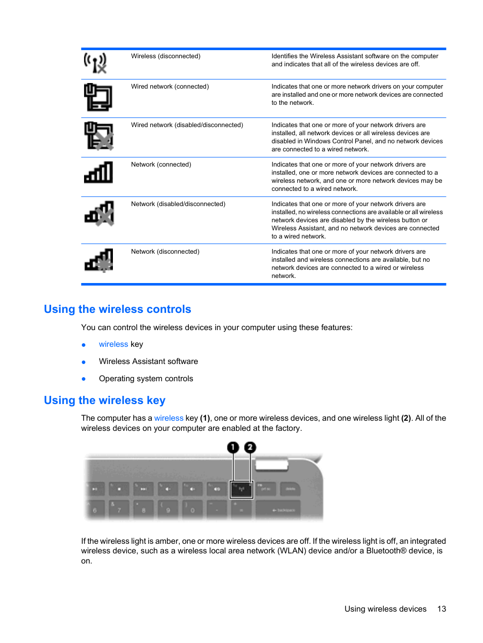 Using the wireless controls, Using the wireless key, Using the wireless controls using the wireless key | HP Envy 13-1003xx Notebook PC User Manual | Page 23 / 94