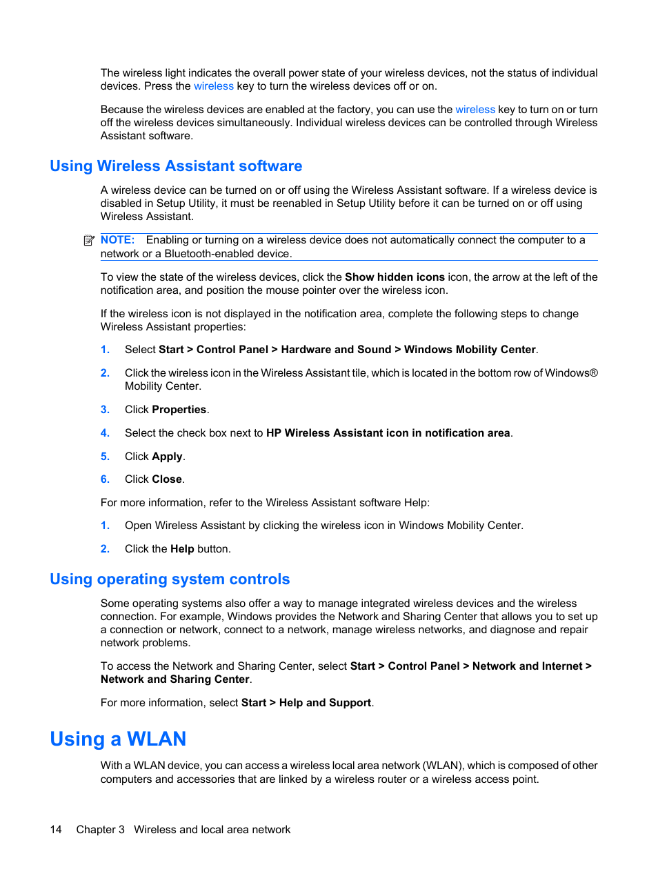 Using wireless assistant software, Using operating system controls, Using a wlan | HP Envy 13-1003xx Notebook PC User Manual | Page 24 / 94