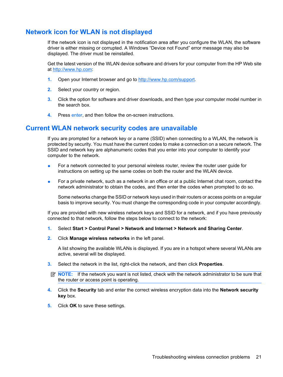 Network icon for wlan is not displayed | HP Envy 13-1003xx Notebook PC User Manual | Page 31 / 94