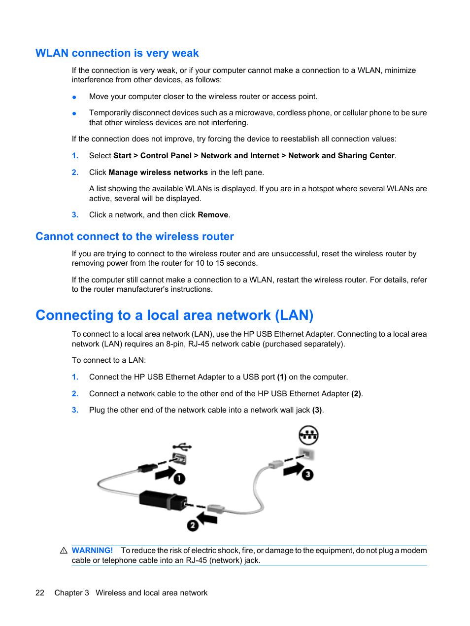 Wlan connection is very weak, Cannot connect to the wireless router, Connecting to a local area network (lan) | HP Envy 13-1003xx Notebook PC User Manual | Page 32 / 94