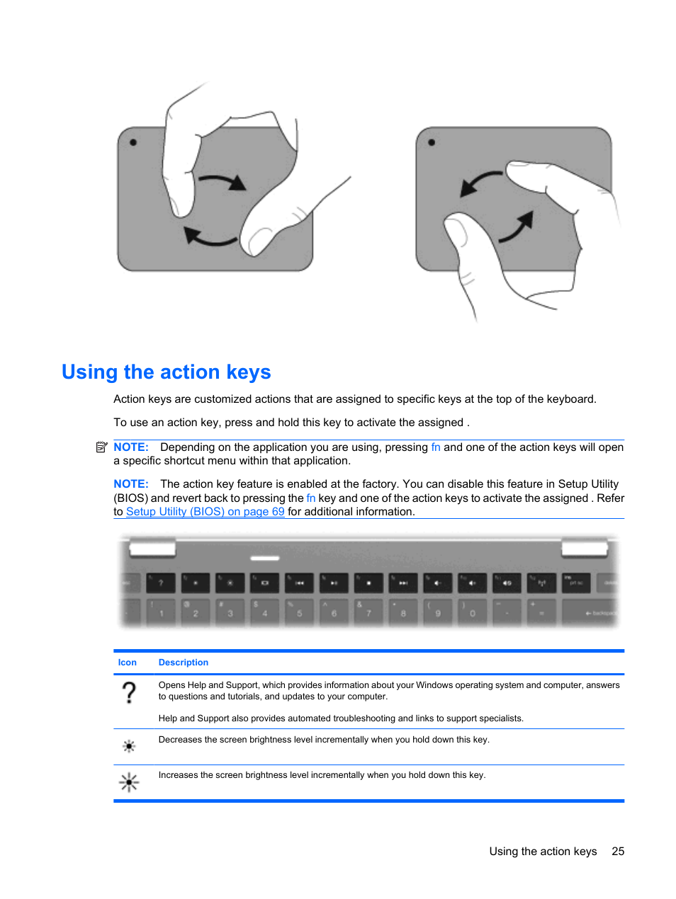 Using the action keys | HP Envy 13-1003xx Notebook PC User Manual | Page 35 / 94