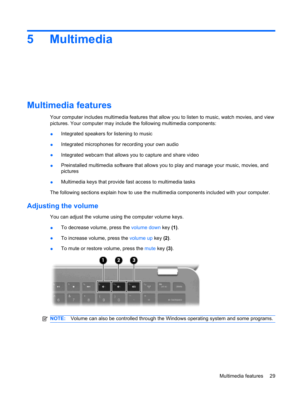 Multimedia, Multimedia features, Adjusting the volume | 5 multimedia, 5multimedia | HP Envy 13-1003xx Notebook PC User Manual | Page 39 / 94