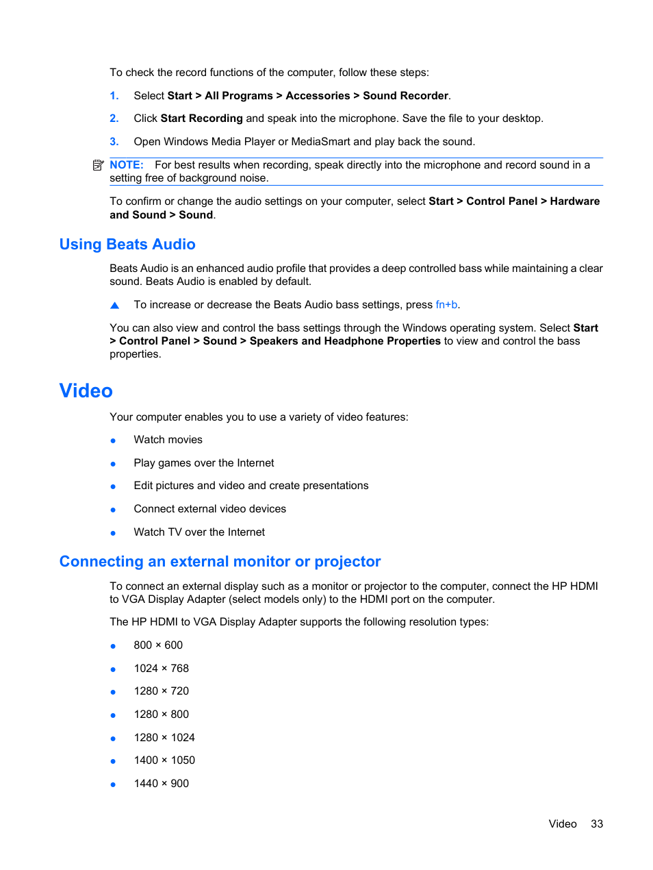 Using beats audio, Video, Connecting an external monitor or projector | HP Envy 13-1003xx Notebook PC User Manual | Page 43 / 94