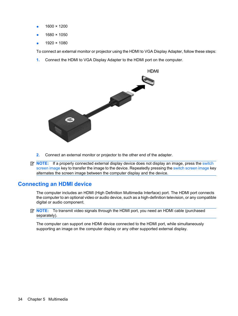 Connecting an hdmi device | HP Envy 13-1003xx Notebook PC User Manual | Page 44 / 94