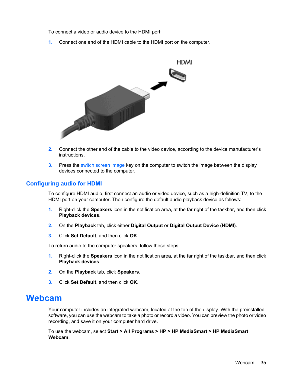 Configuring audio for hdmi, Webcam | HP Envy 13-1003xx Notebook PC User Manual | Page 45 / 94