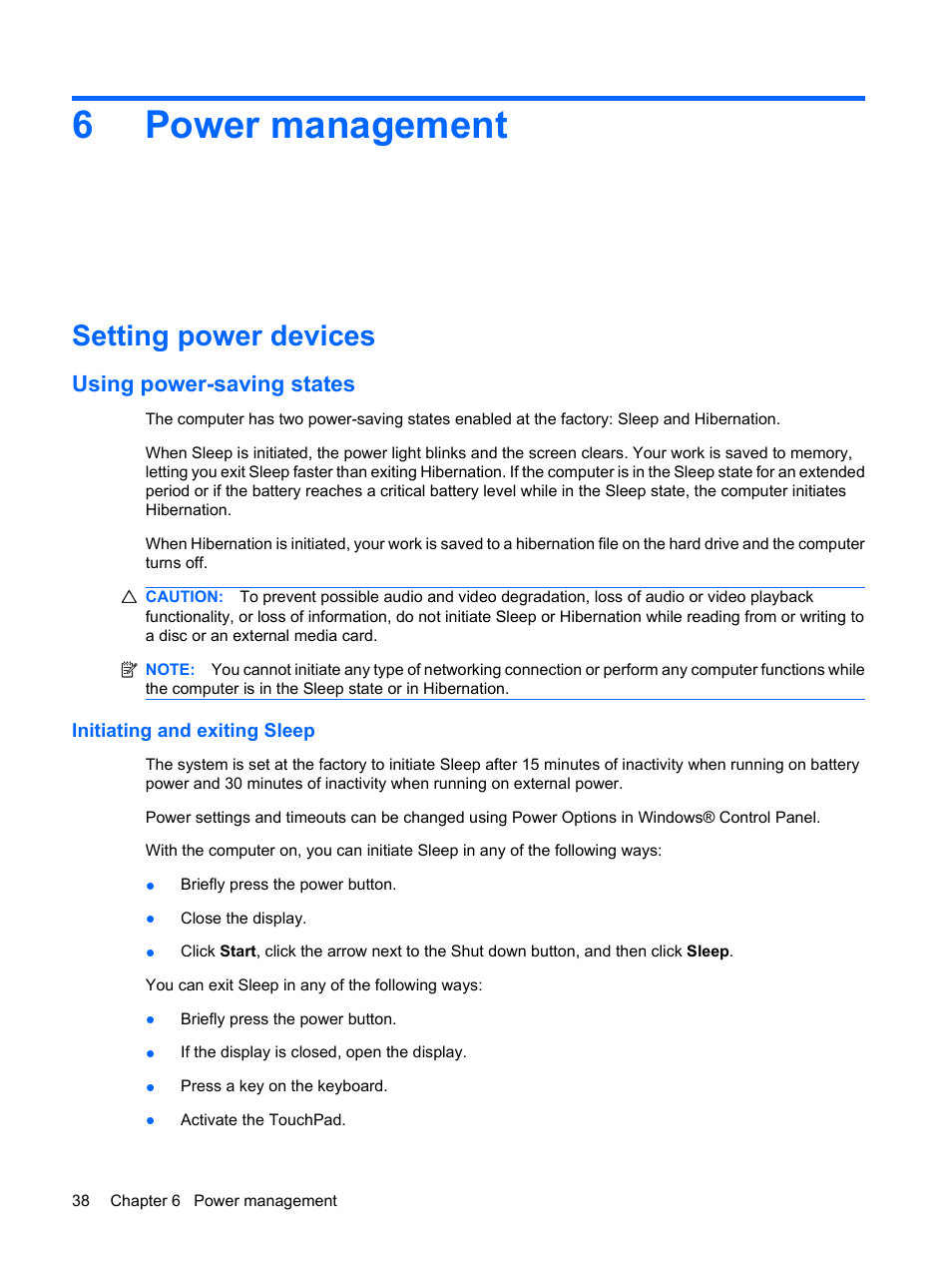 Power management, Setting power devices, Using power-saving states | Initiating and exiting sleep, 6 power management, 6power management | HP Envy 13-1003xx Notebook PC User Manual | Page 48 / 94