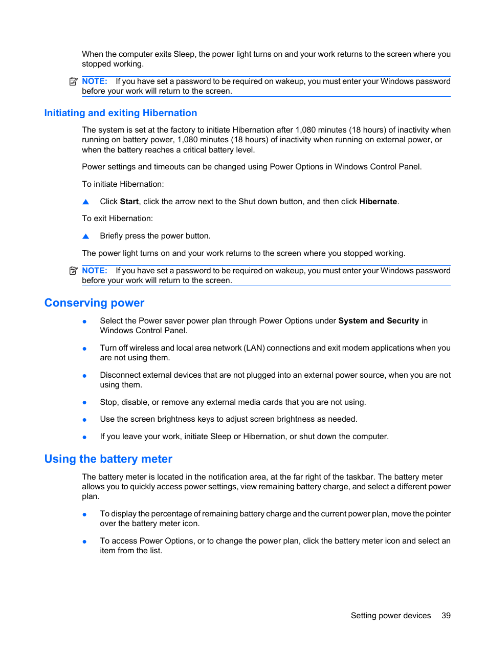 Initiating and exiting hibernation, Conserving power, Using the battery meter | Conserving power using the battery meter | HP Envy 13-1003xx Notebook PC User Manual | Page 49 / 94