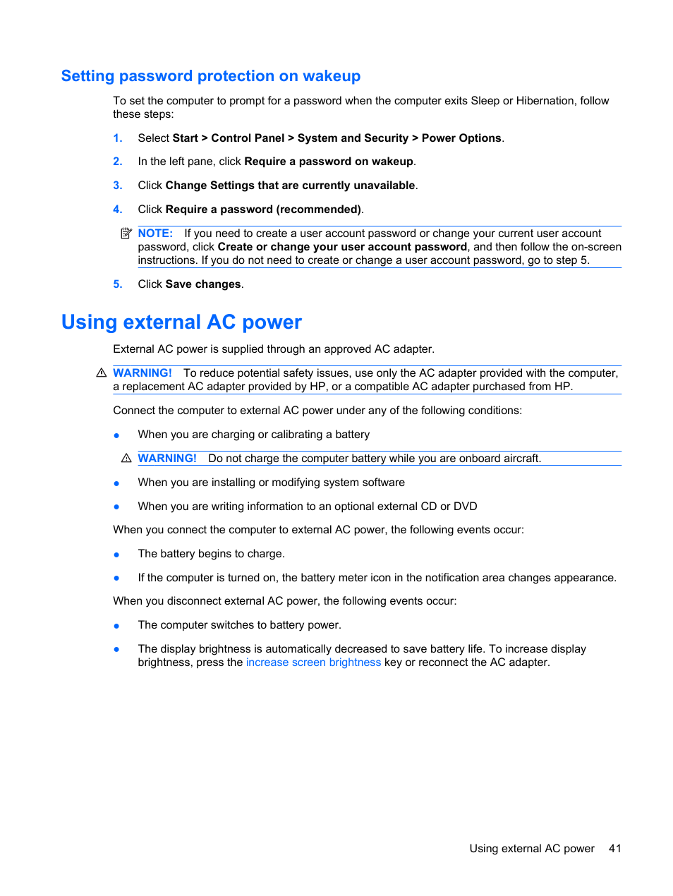 Setting password protection on wakeup, Using external ac power | HP Envy 13-1003xx Notebook PC User Manual | Page 51 / 94