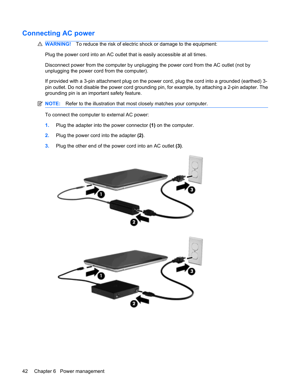 Connecting ac power | HP Envy 13-1003xx Notebook PC User Manual | Page 52 / 94