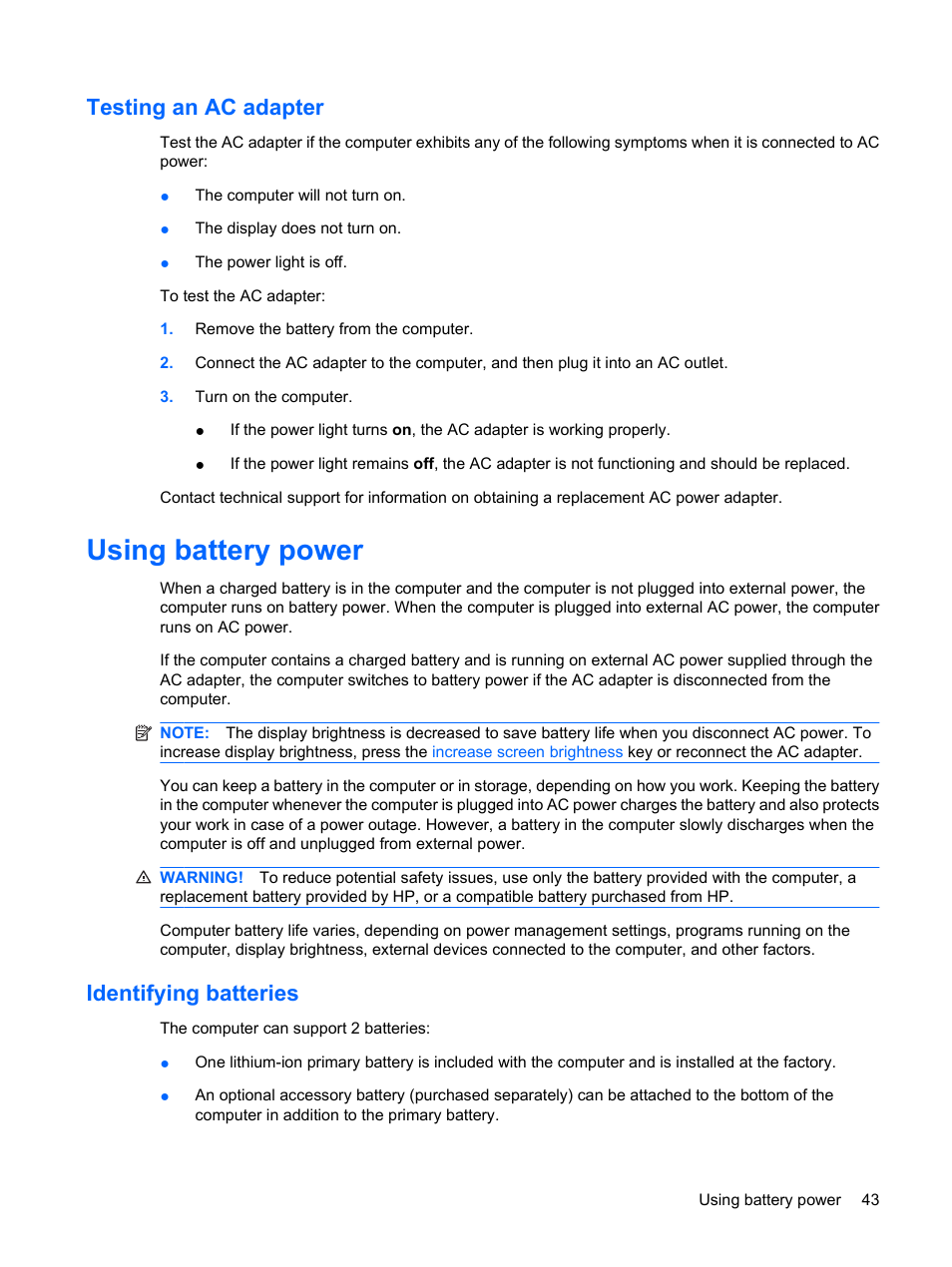 Testing an ac adapter, Using battery power, Identifying batteries | HP Envy 13-1003xx Notebook PC User Manual | Page 53 / 94