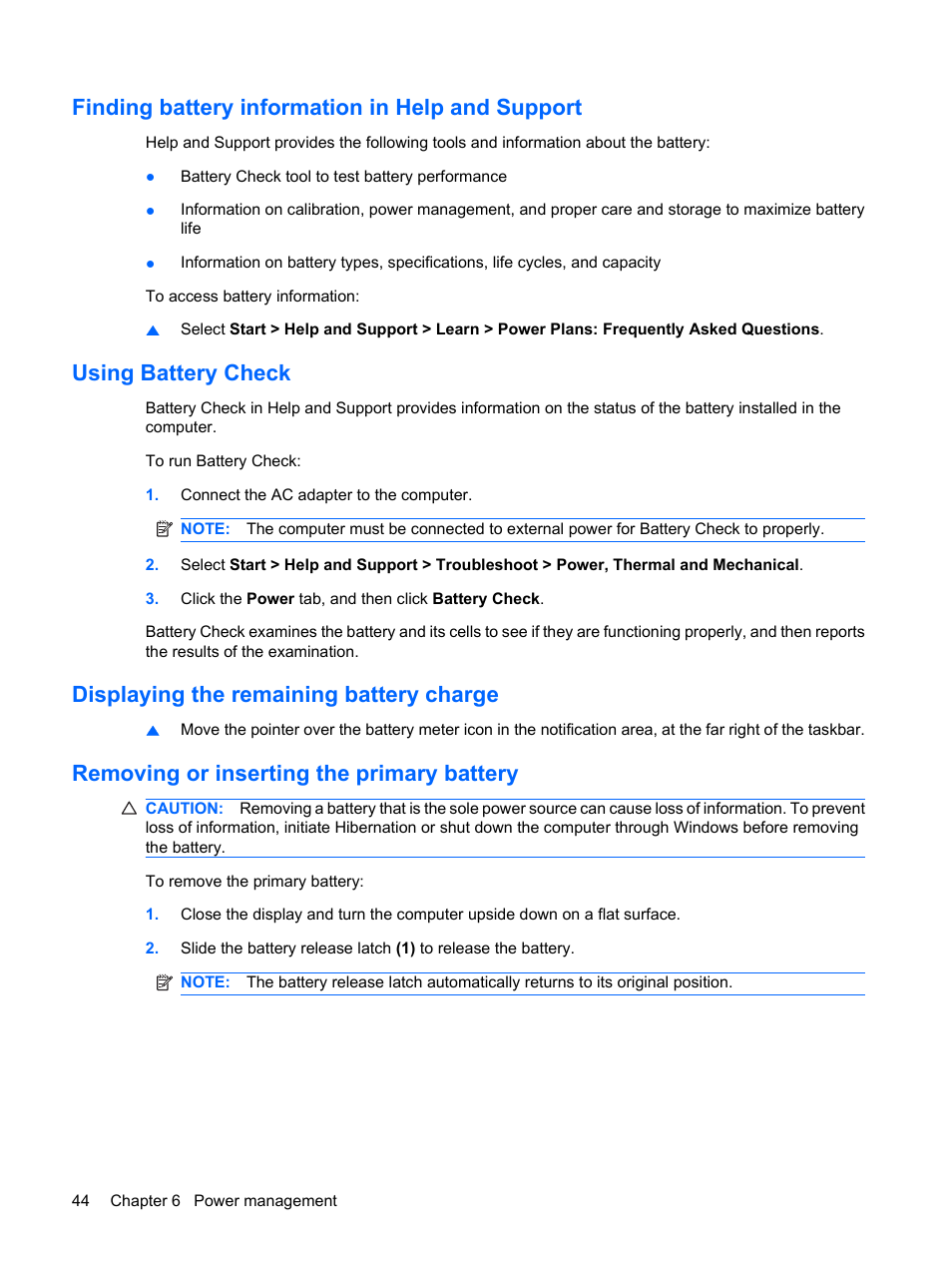 Finding battery information in help and support, Using battery check, Displaying the remaining battery charge | Removing or inserting the primary battery | HP Envy 13-1003xx Notebook PC User Manual | Page 54 / 94