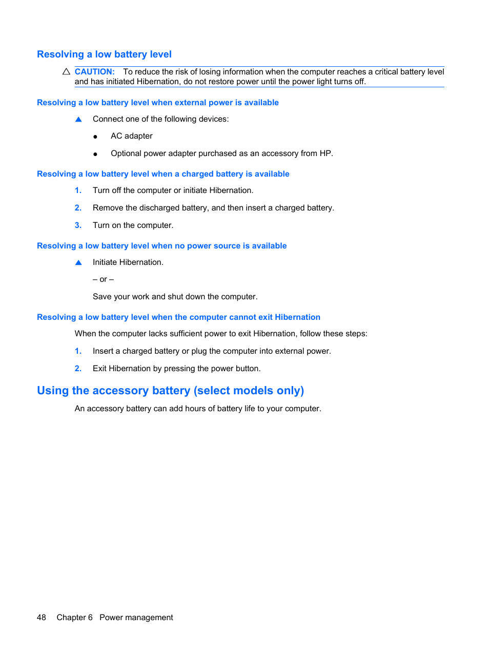 Resolving a low battery level, Using the accessory battery (select models only) | HP Envy 13-1003xx Notebook PC User Manual | Page 58 / 94