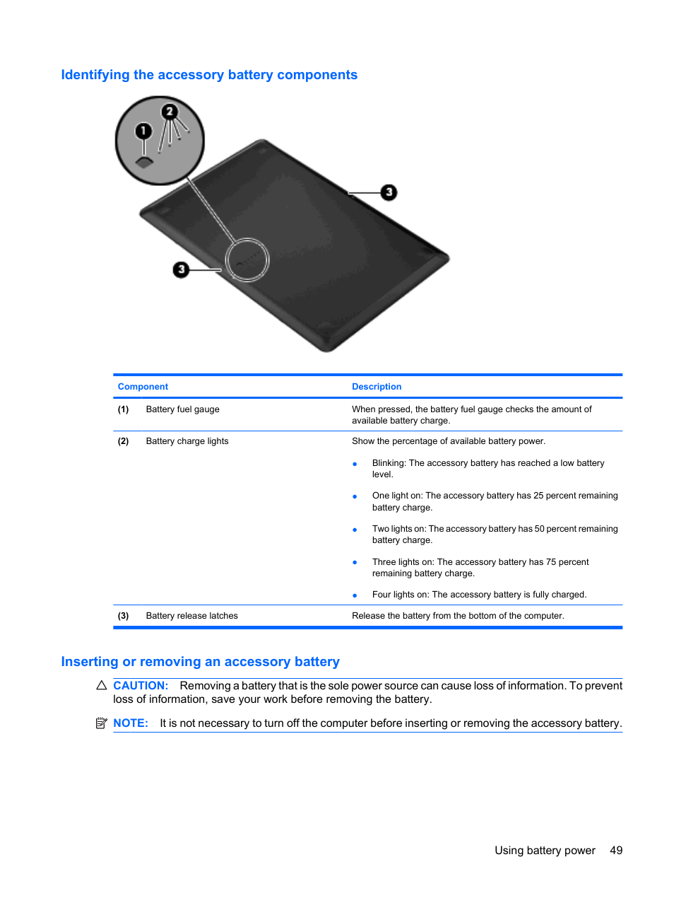 Identifying the accessory battery components, Inserting or removing an accessory battery | HP Envy 13-1003xx Notebook PC User Manual | Page 59 / 94