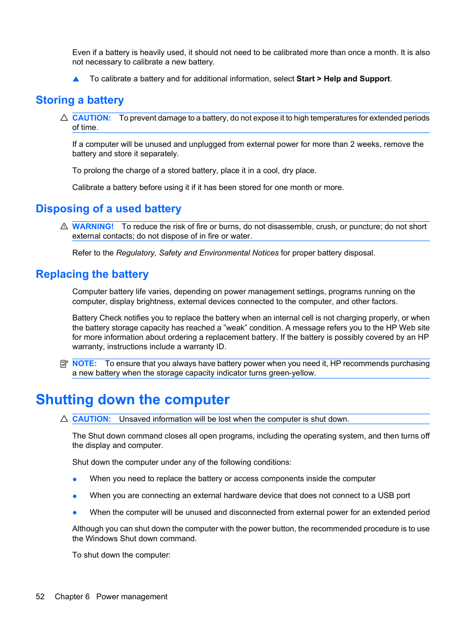 Storing a battery, Disposing of a used battery, Replacing the battery | Shutting down the computer | HP Envy 13-1003xx Notebook PC User Manual | Page 62 / 94