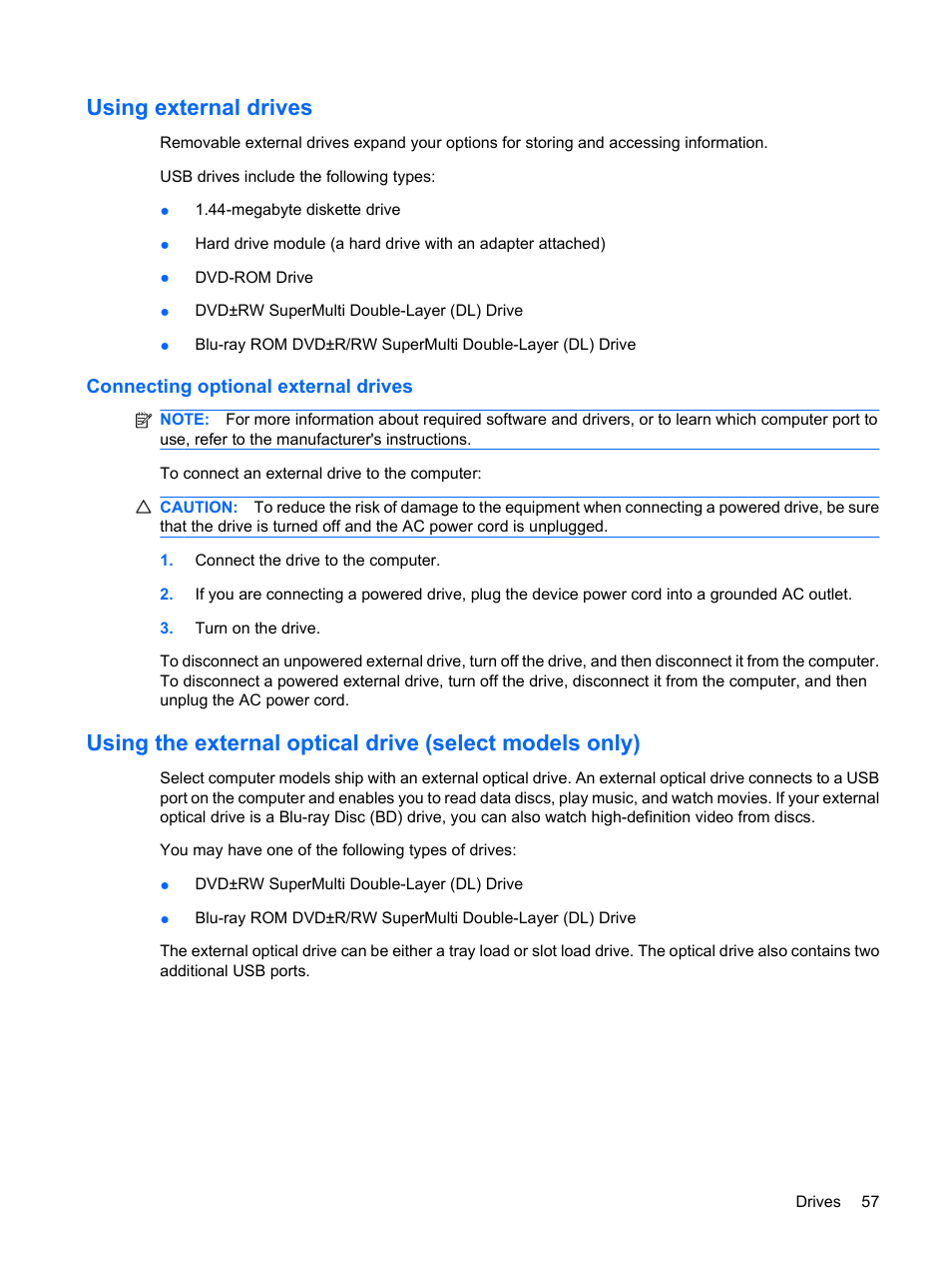 Using external drives, Connecting optional external drives | HP Envy 13-1003xx Notebook PC User Manual | Page 67 / 94