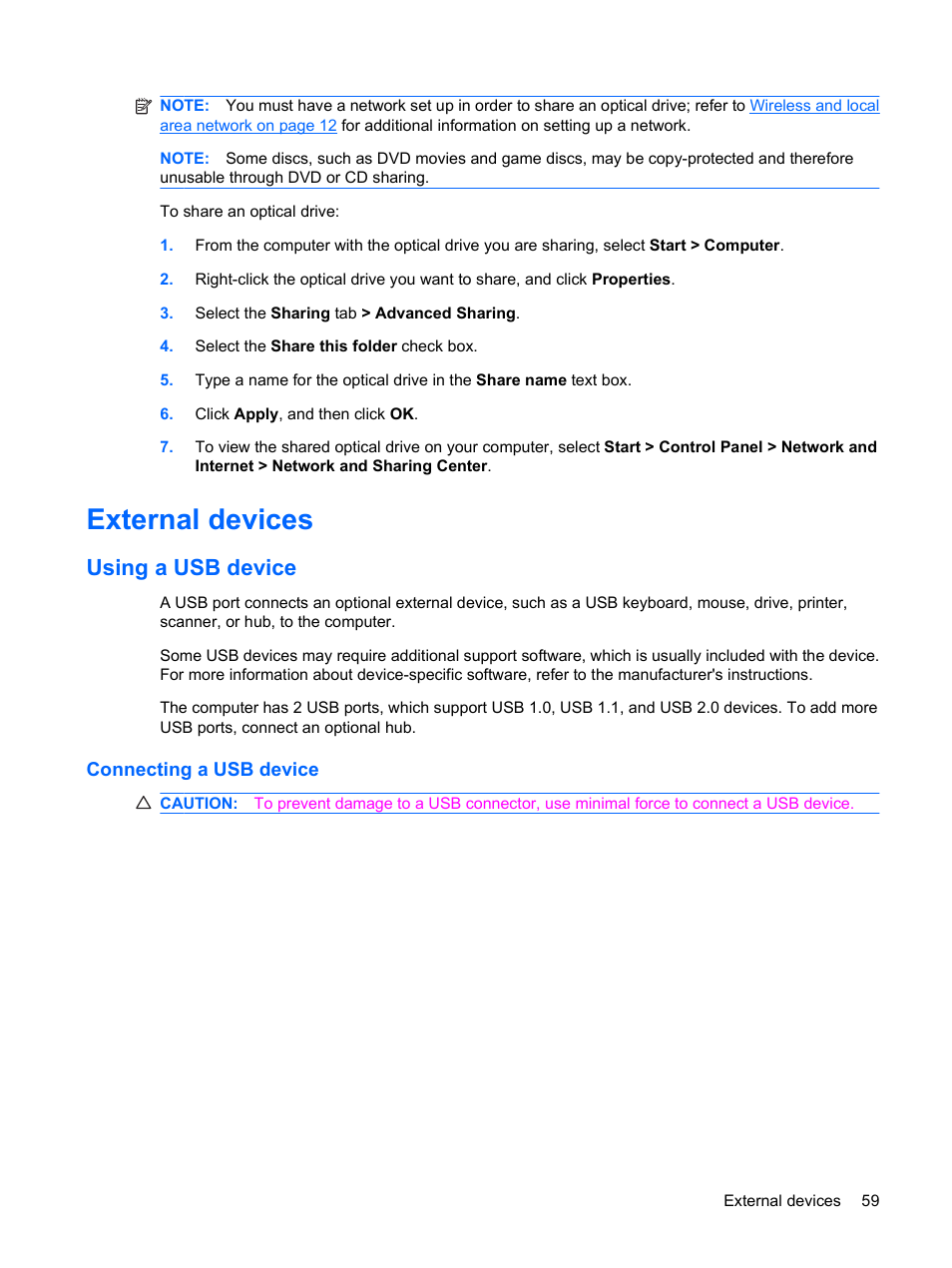 External devices, Using a usb device, Connecting a usb device | HP Envy 13-1003xx Notebook PC User Manual | Page 69 / 94