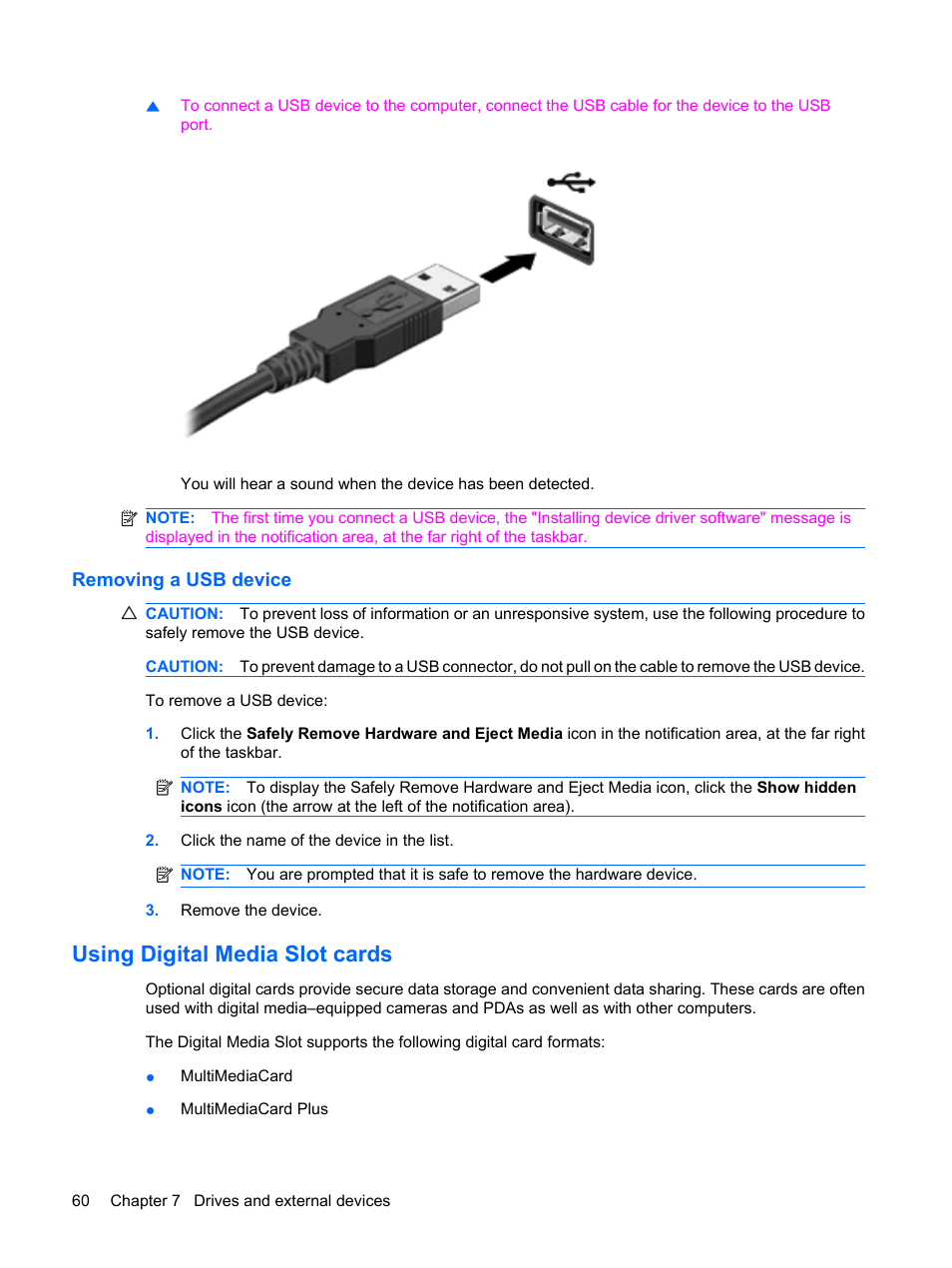 Removing a usb device, Using digital media slot cards | HP Envy 13-1003xx Notebook PC User Manual | Page 70 / 94