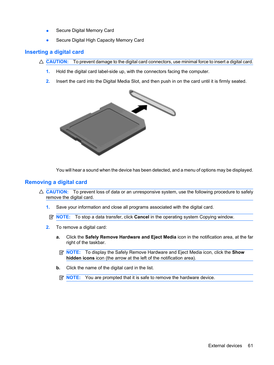 Inserting a digital card, Removing a digital card, Inserting a digital card removing a digital card | HP Envy 13-1003xx Notebook PC User Manual | Page 71 / 94