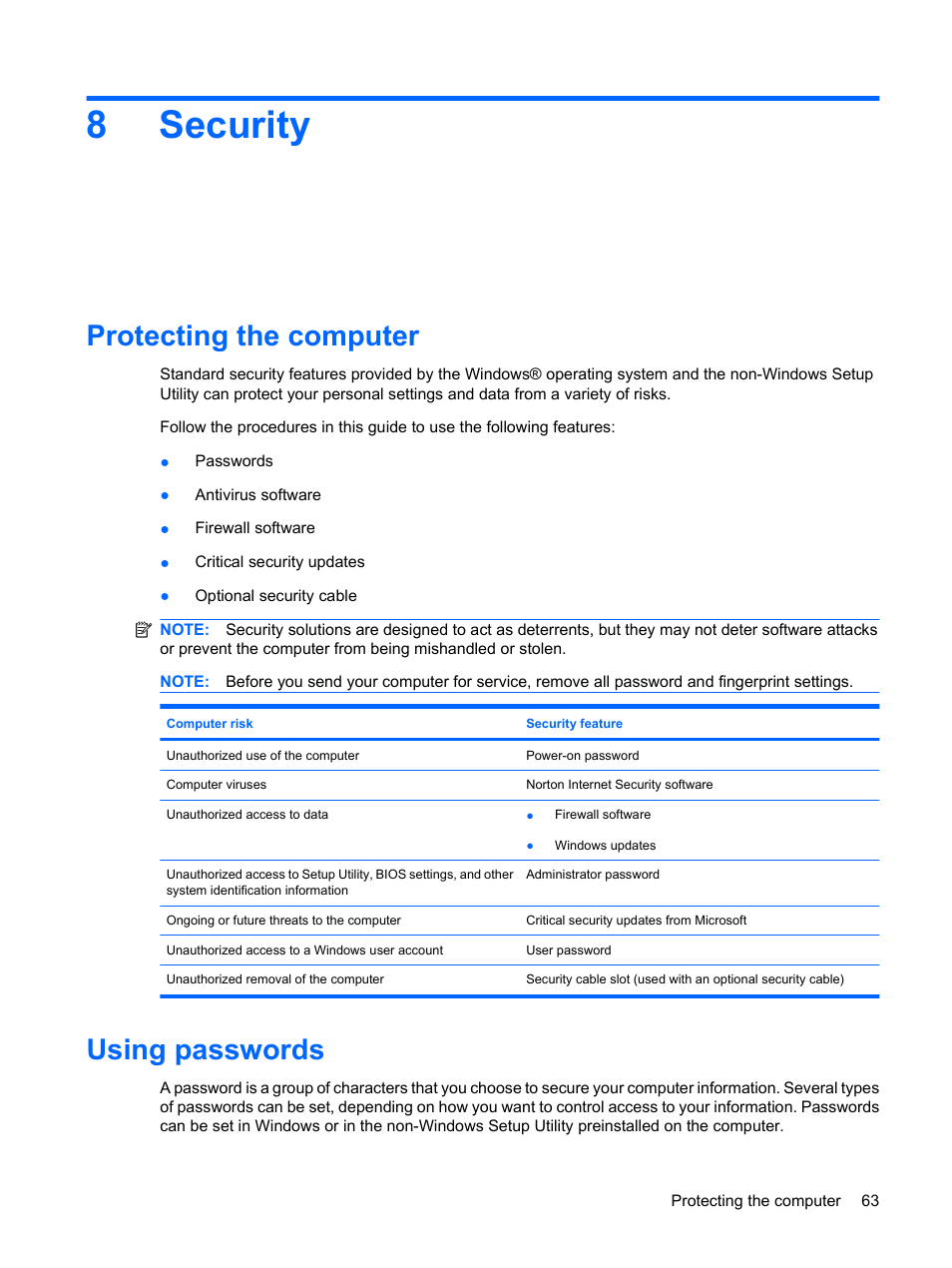 Security, Protecting the computer, Using passwords | 8 security, Protecting the computer using passwords, 8security | HP Envy 13-1003xx Notebook PC User Manual | Page 73 / 94