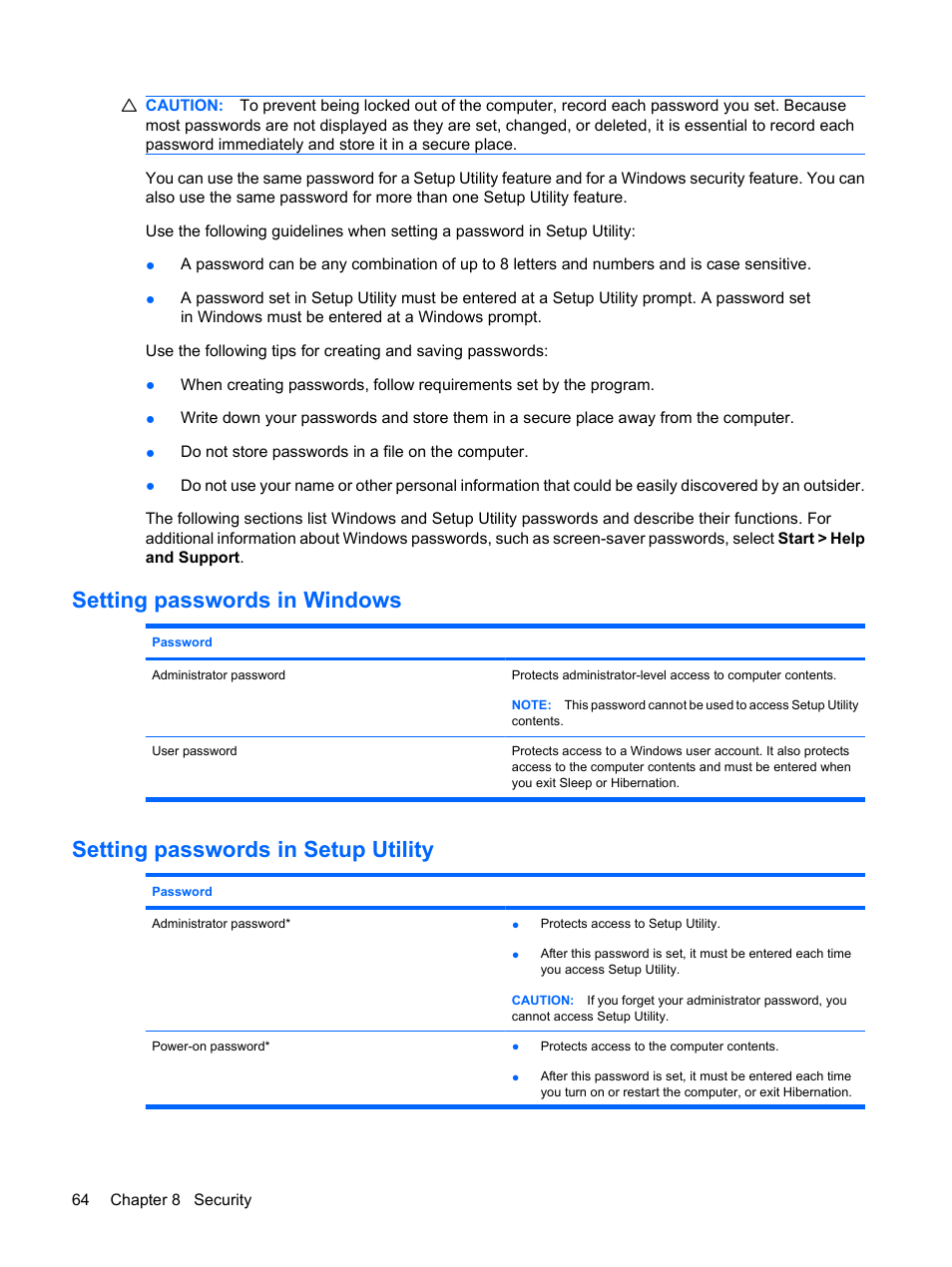 Setting passwords in windows, Setting passwords in setup utility | HP Envy 13-1003xx Notebook PC User Manual | Page 74 / 94
