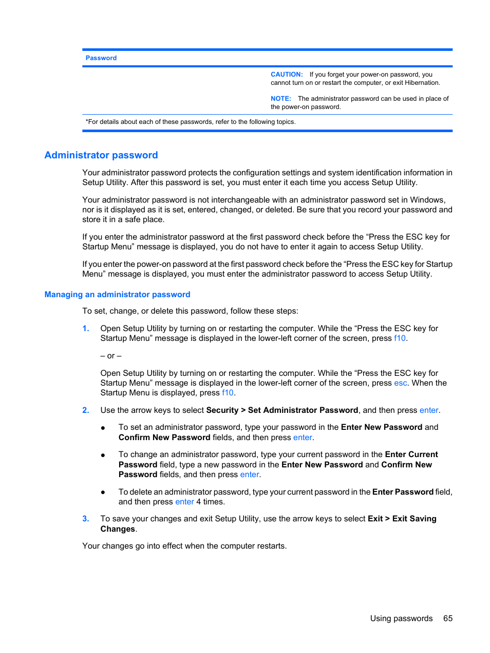 Administrator password, Managing an administrator password | HP Envy 13-1003xx Notebook PC User Manual | Page 75 / 94