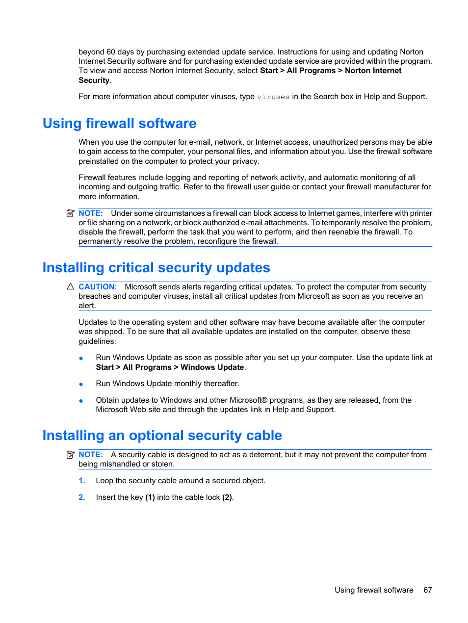 Using firewall software, Installing critical security updates, Installing an optional security cable | HP Envy 13-1003xx Notebook PC User Manual | Page 77 / 94