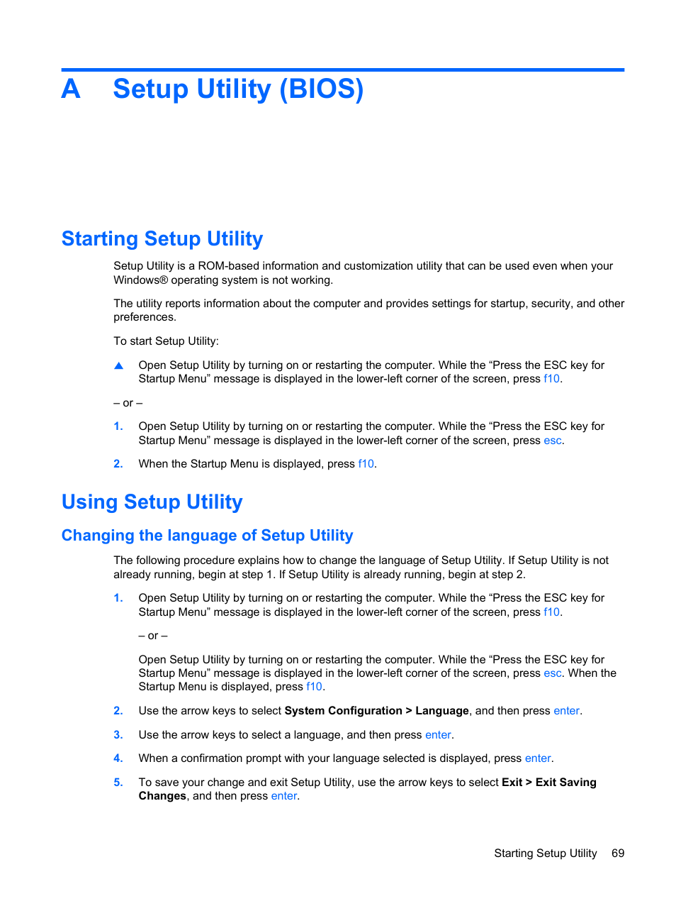 Setup utility (bios), Starting setup utility, Using setup utility | Changing the language of setup utility, Appendix a setup utility (bios), Starting setup utility using setup utility, Asetup utility (bios) | HP Envy 13-1003xx Notebook PC User Manual | Page 79 / 94