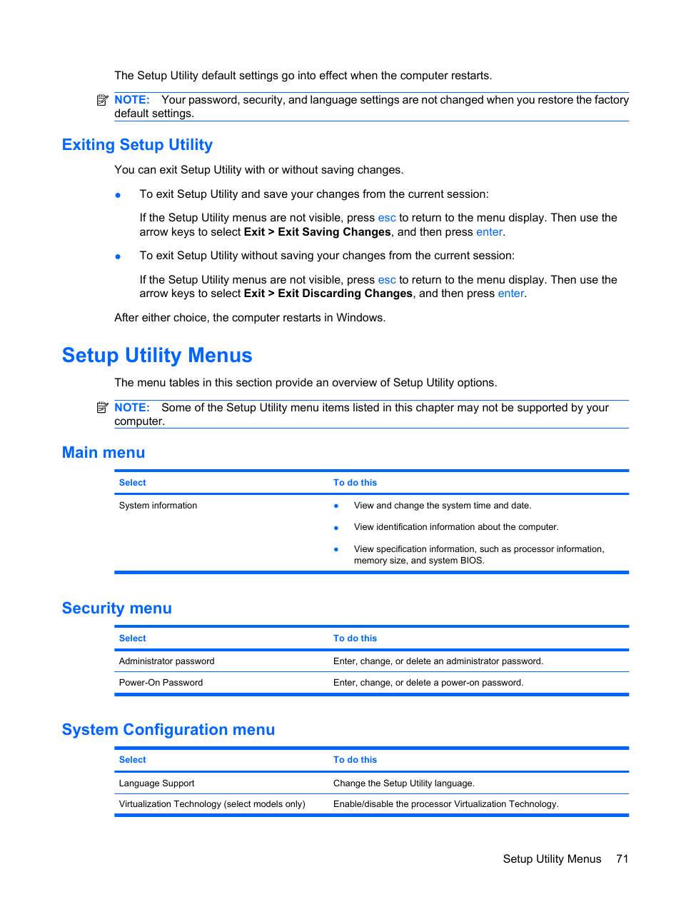 Exiting setup utility, Setup utility menus, Main menu | Security menu, System configuration menu, Main menu security menu system configuration menu | HP Envy 13-1003xx Notebook PC User Manual | Page 81 / 94