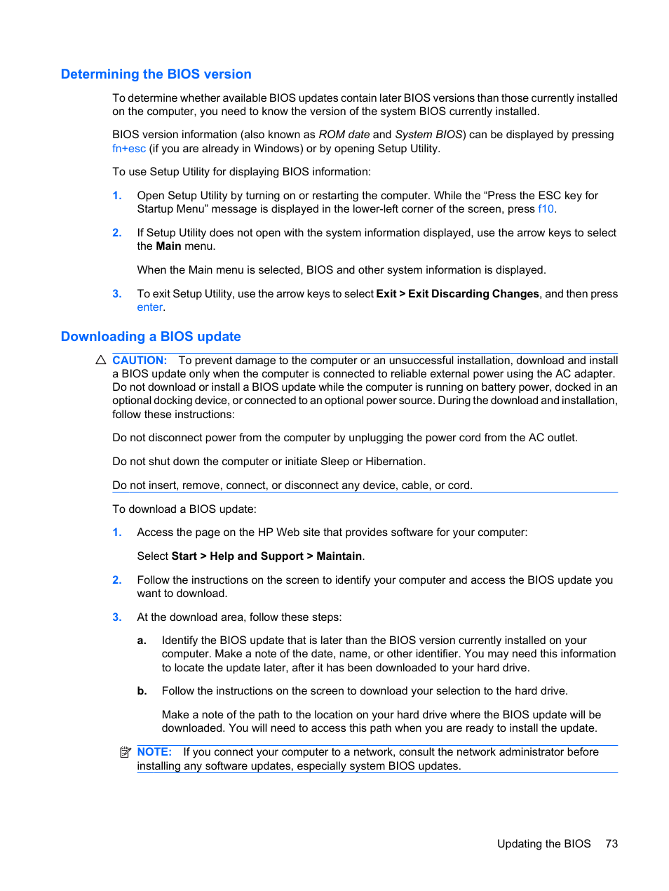 Determining the bios version, Downloading a bios update | HP Envy 13-1003xx Notebook PC User Manual | Page 83 / 94