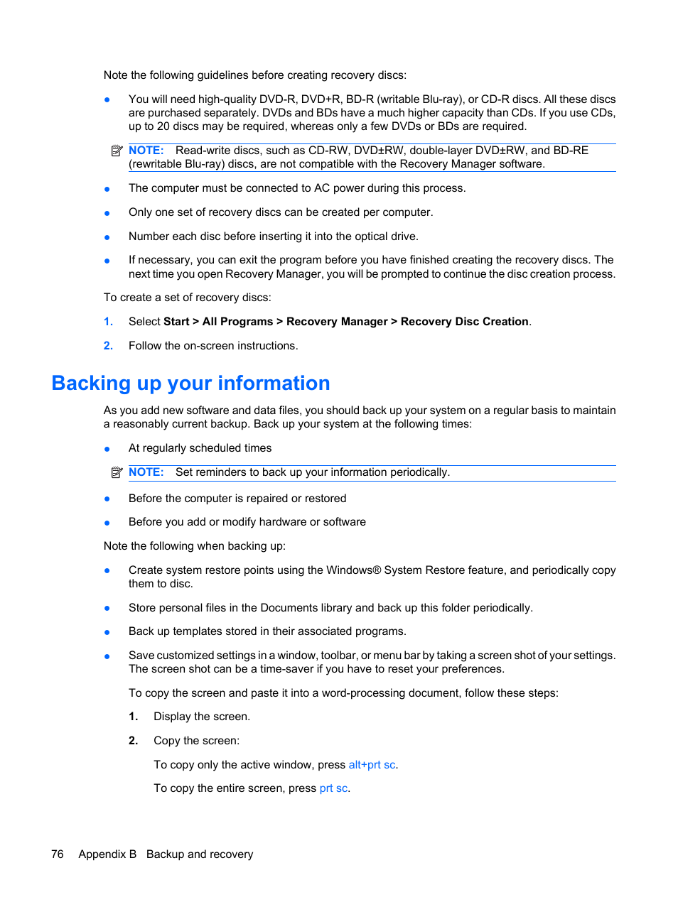 Backing up your information | HP Envy 13-1003xx Notebook PC User Manual | Page 86 / 94