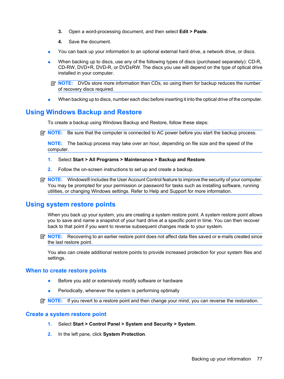 Using windows backup and restore, Using system restore points, When to create restore points | Create a system restore point | HP Envy 13-1003xx Notebook PC User Manual | Page 87 / 94