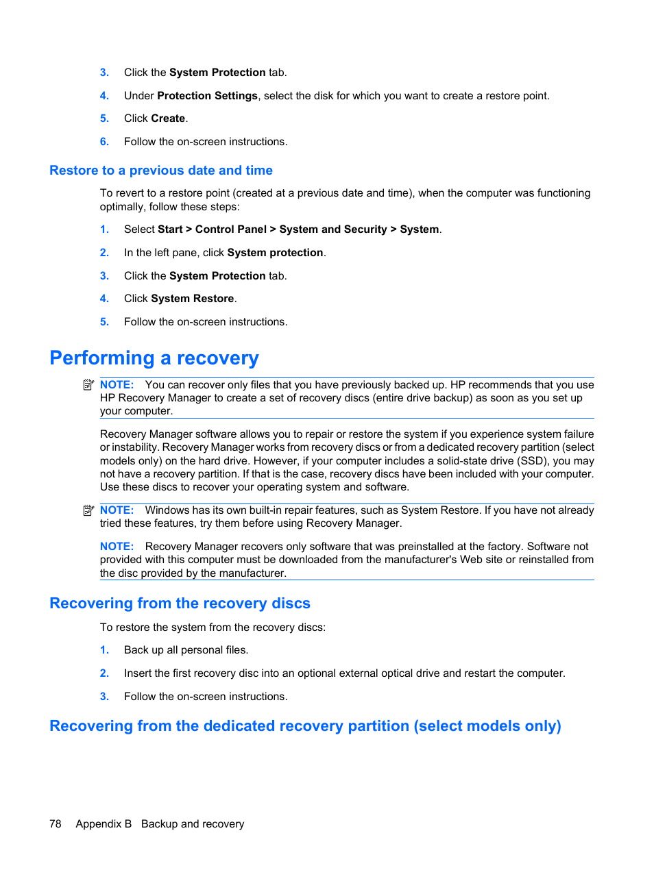Restore to a previous date and time, Performing a recovery, Recovering from the recovery discs | HP Envy 13-1003xx Notebook PC User Manual | Page 88 / 94