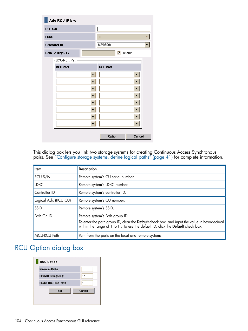 Rcu option dialog box | HP XP P9500 Storage User Manual | Page 104 / 113