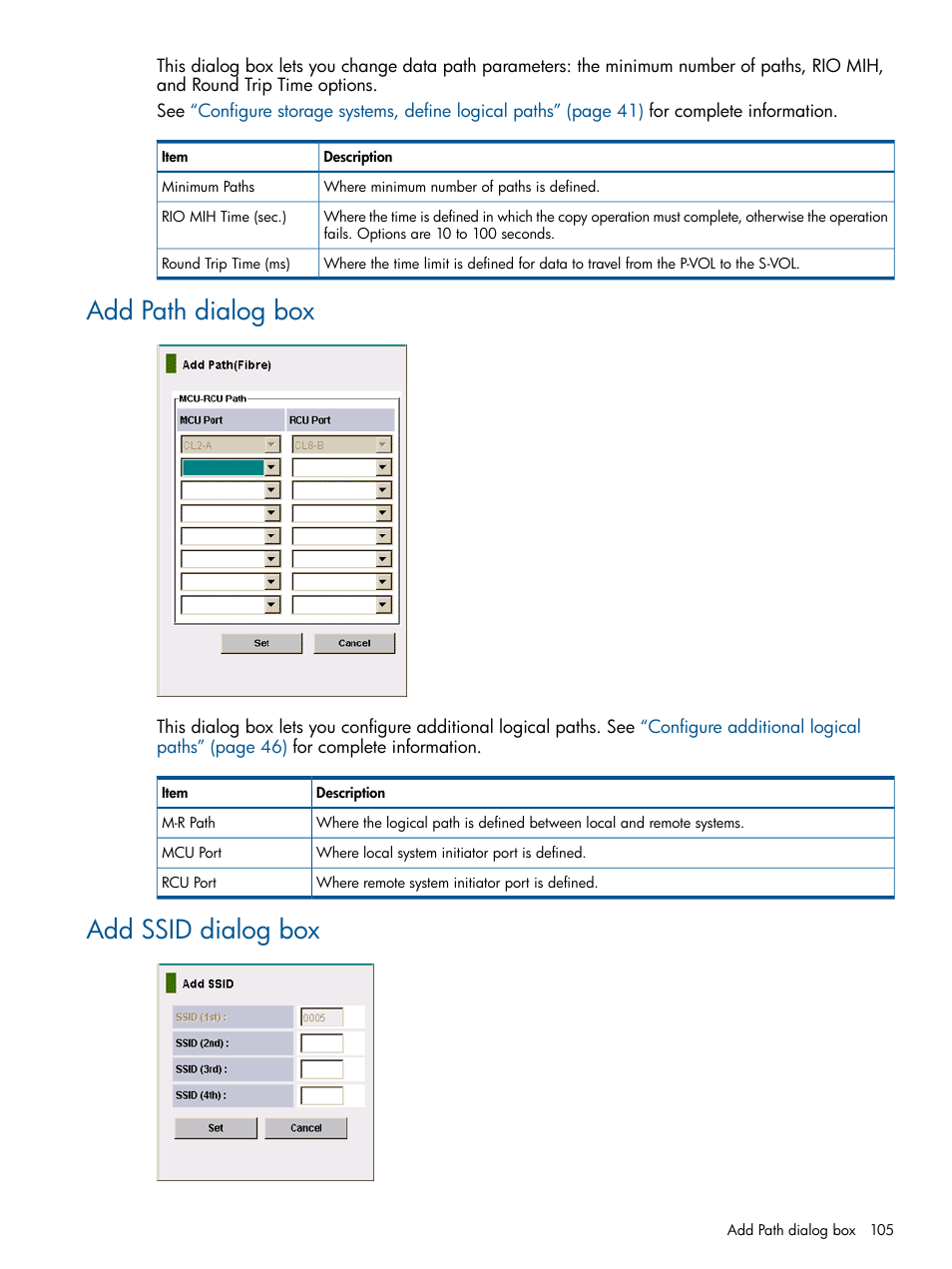 Add path dialog box, Add ssid dialog box, Add path dialog box add ssid dialog box | HP XP P9500 Storage User Manual | Page 105 / 113