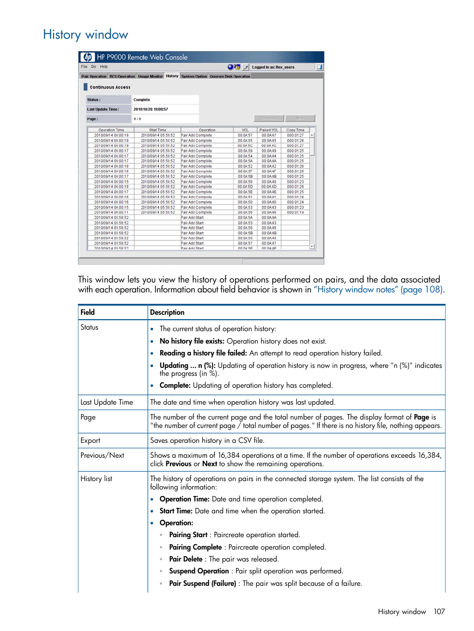 History window | HP XP P9500 Storage User Manual | Page 107 / 113