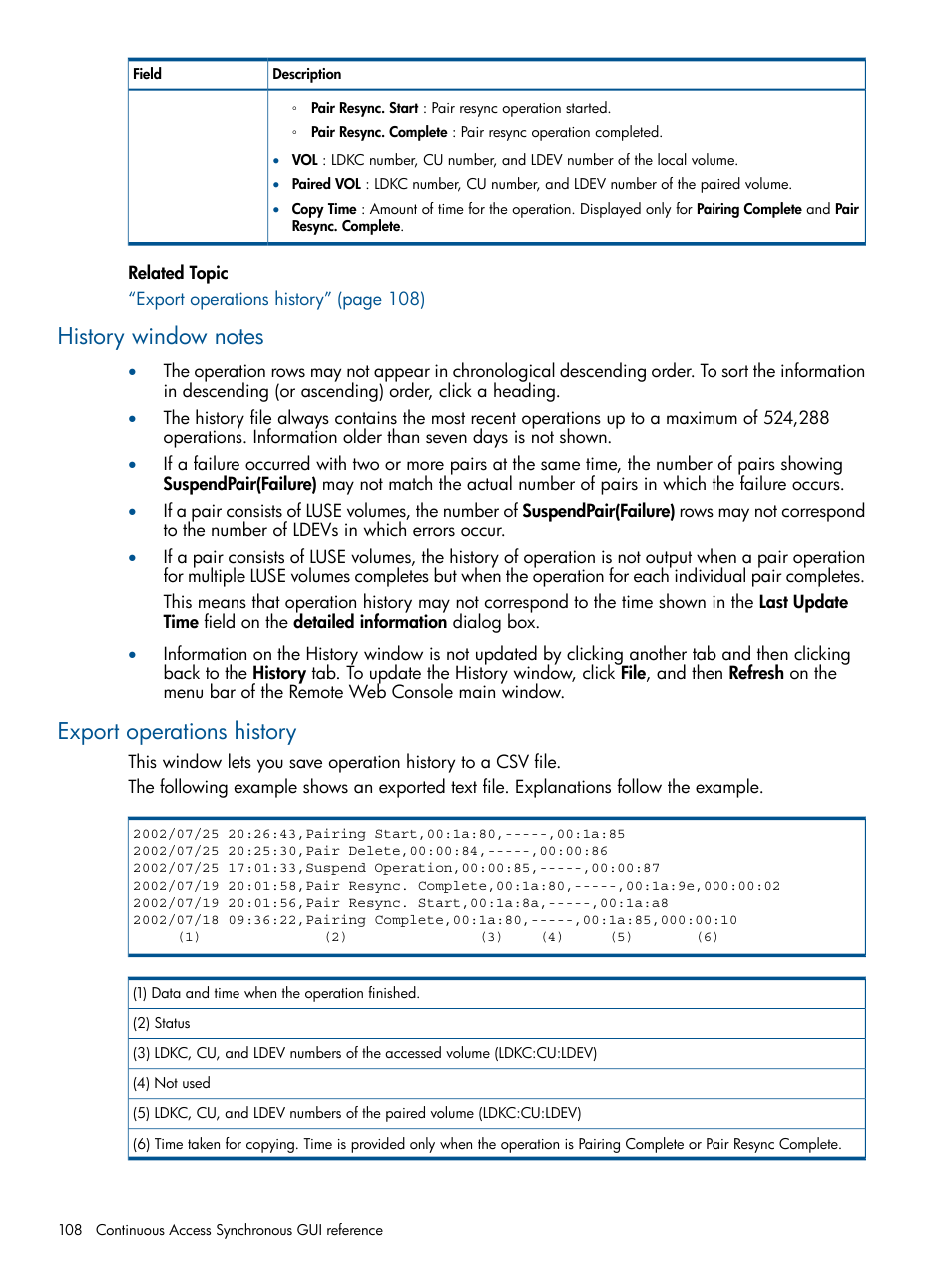 History window notes, Export operations history, History window notes export operations history | HP XP P9500 Storage User Manual | Page 108 / 113
